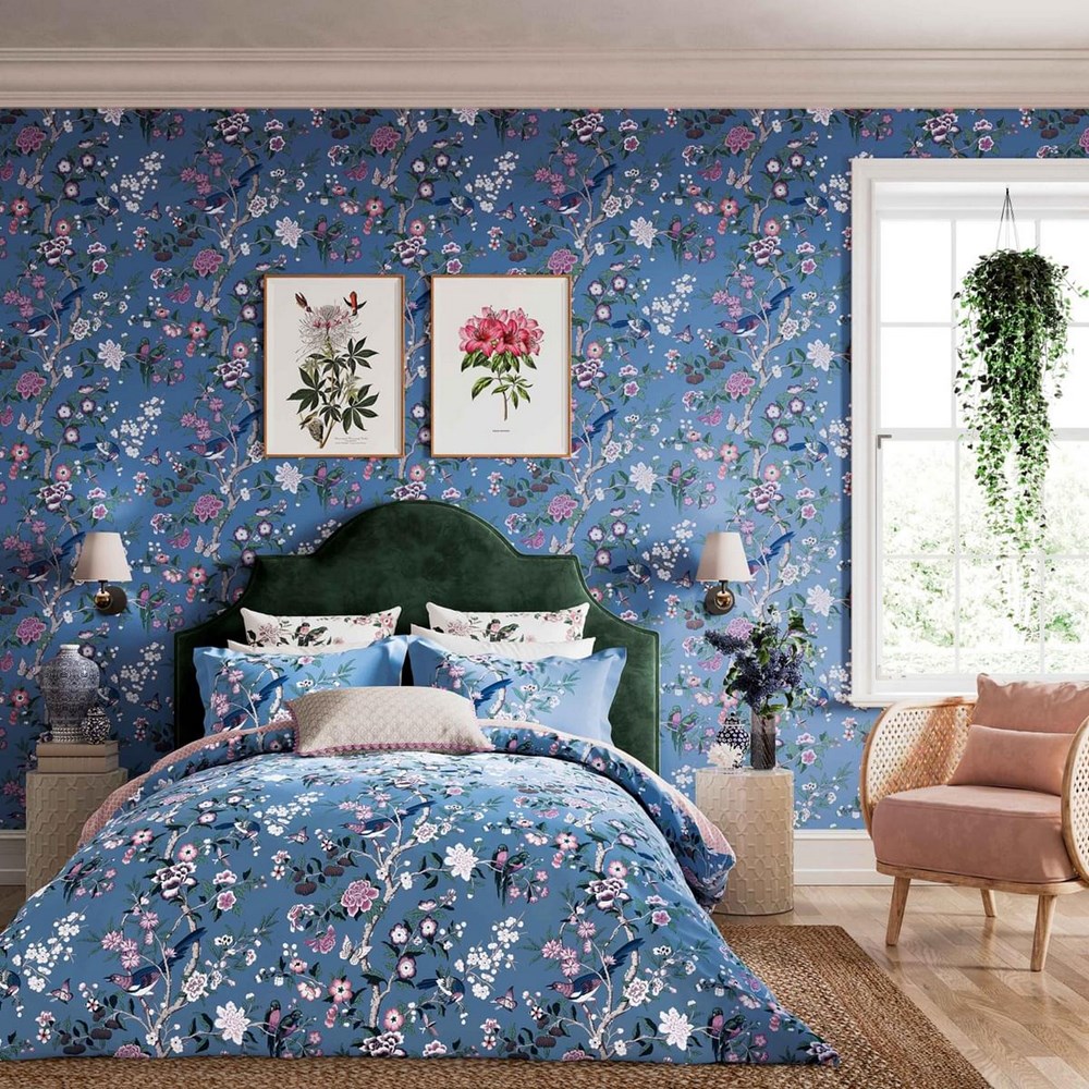 Chinoiserie Hall Floral Bedding by Sanderson in Blueberry